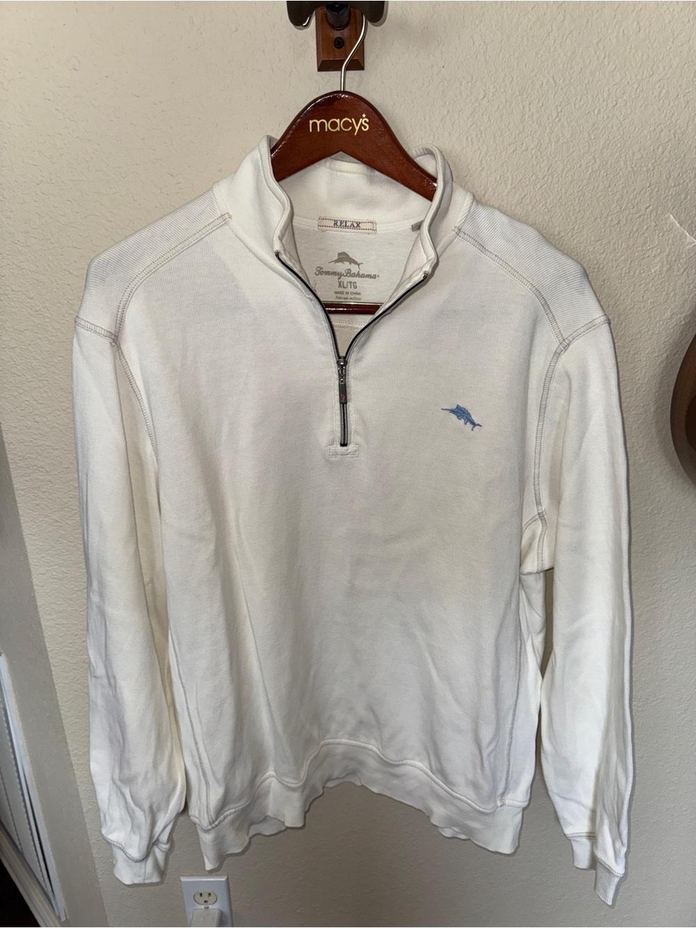 Tommy Bahama White Cotton Half-Zip Pullover with Blue Logo